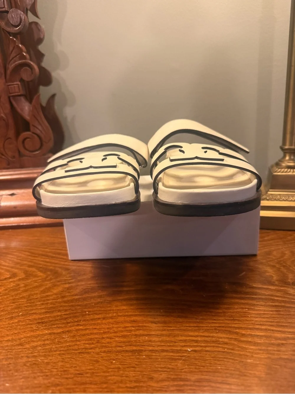 Tory Burch Ines Ivory Leather Double-Strap Logo Sport Slide Sandals Size 5.5